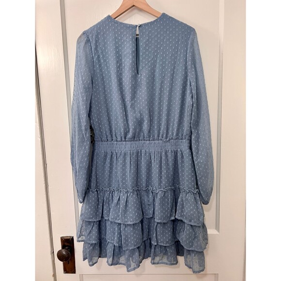 Express Long Sleeve Tiered Ruffle Swiss Dot Dusty Blue Dress Size M NWT!!! - Picture 2 of 8